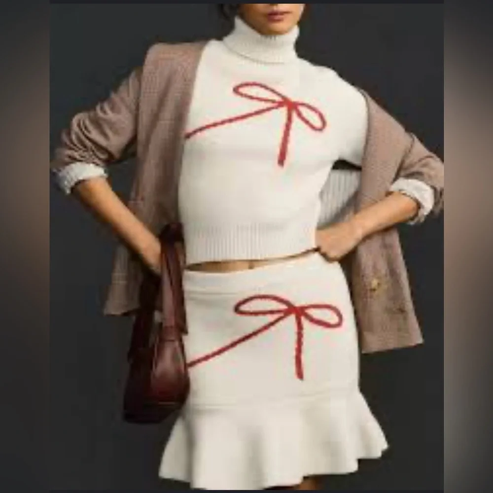 NWT Anthropologie- En Saison Elegant Cream Skirt with Red Bow Accent - Picture 1 of 2